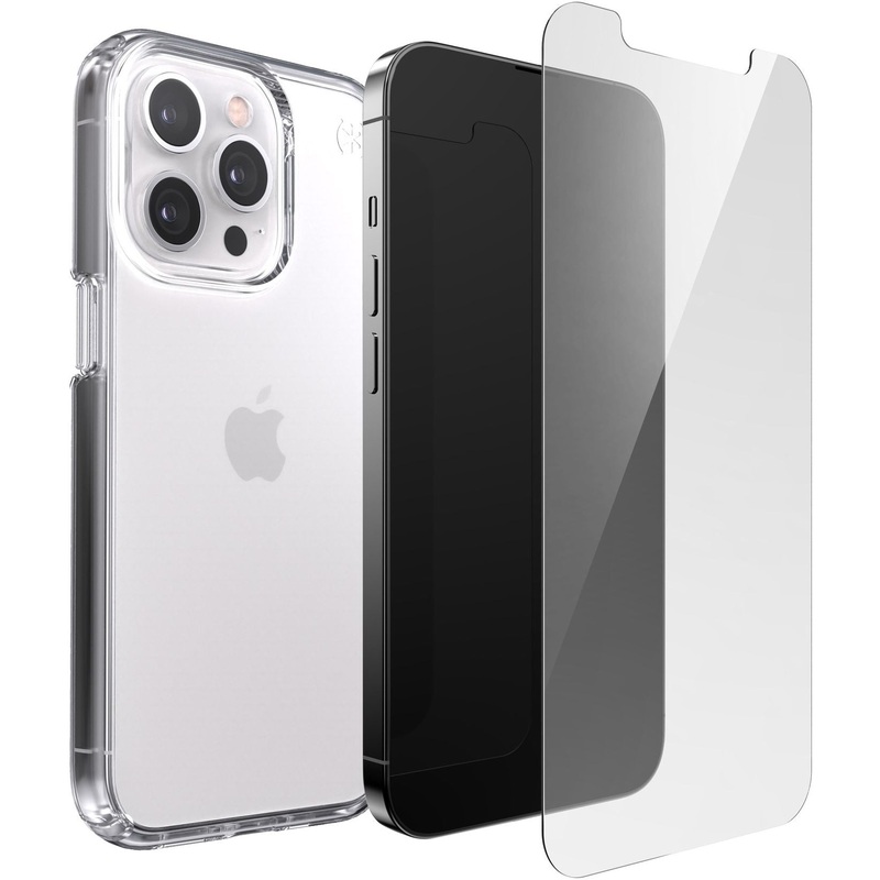 [CLEARANCE] Speck Presidio Perfect-Clear iP-13 Pro Max Transparent Phone Case and Shield View Tempered Glass Pack with Innovative Impact Technology, 9H Anti-Scratch Coating and Microban Protection
