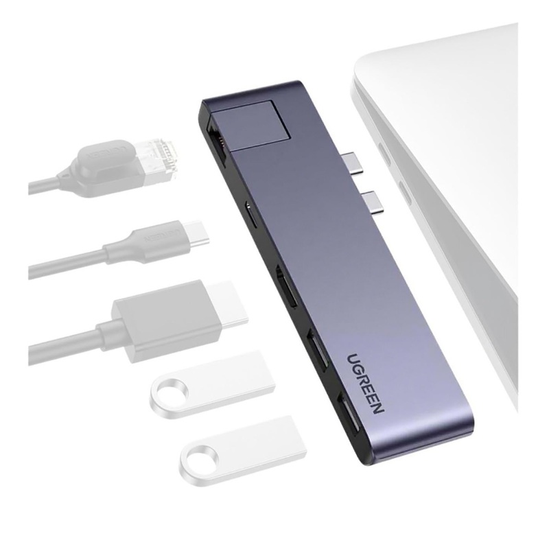 [CLEARANCE] UGREEN 4K UHD 5-in-2 Dual USB-C to USB 3.0, Ethernet Lan, HDMI, Type-C Power Delivery PD Adapter Hub with 1000Mbps Data Transfer, Thunderbolt 3 | 50984