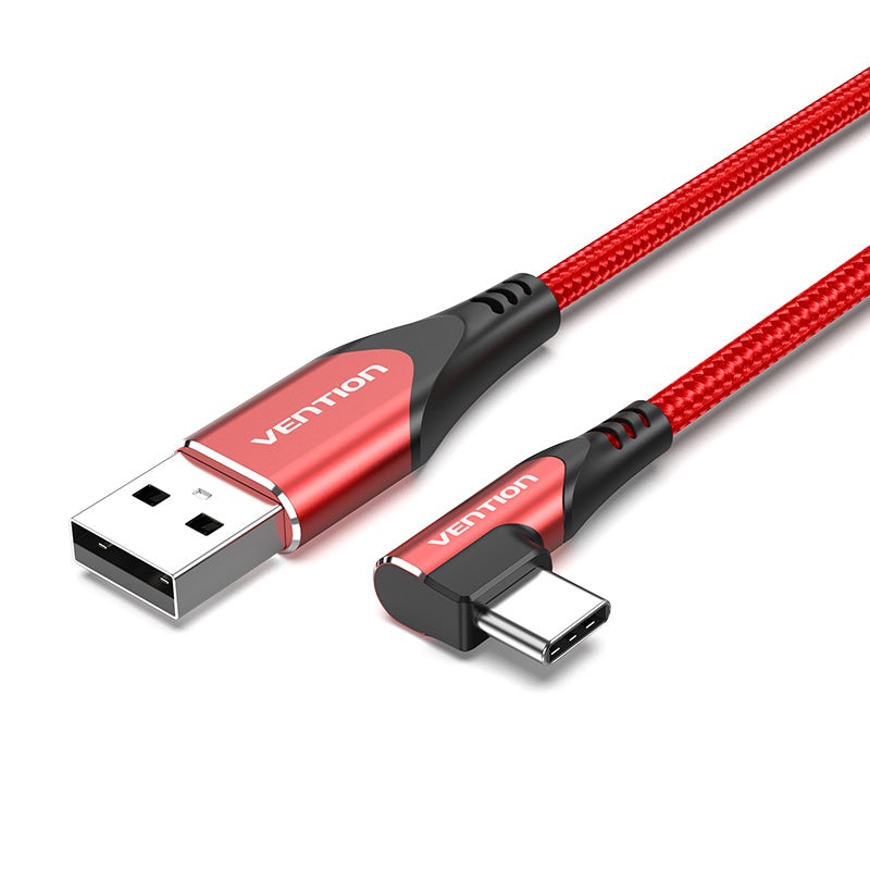 [CLEARANCE] Vention Right Angle Type-C Male to USB 2.0-A Male 2-Meters Nickel Plated Red Braided 3A Fast Charging Cable with 480Mbps Transfer Speed for Smartphones (COERH)