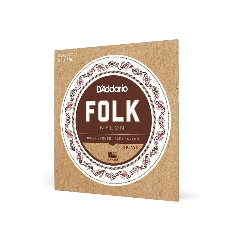 [CLEARANCE] D’Addario Folk Nylon 80/20 Bronze / Clear Nylon Classical Guitar Strings Set with Normal Tension Ball End for Classical & Acoustic Guitars | EJ33