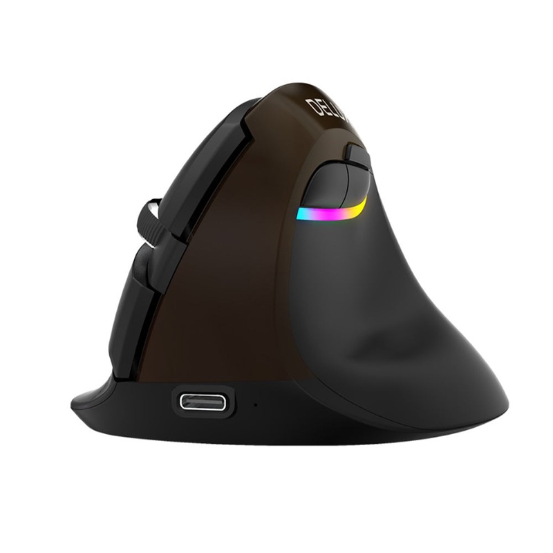 [CLEARANCE] DELUX M618 Mini Wired Wireless Ergonomic RGB Vertical Mouse Jet with 4000DPI, Bluetooth 4.0 + 2.4GHz Dual Mode, USB Type-C Interface and Silent Click for PC Computer and Laptop (Brown)