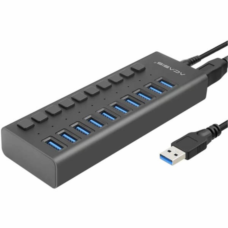 [CLEARANCE] ACASIS HS-710PB 10-Port USB 3.0 Hub Splitter Docking Station with 5Gbps High-Speed Data Transfer Speed, 12V External DC Input with 4A Fast Charging, Individual Power Switches, LED Indicator Light