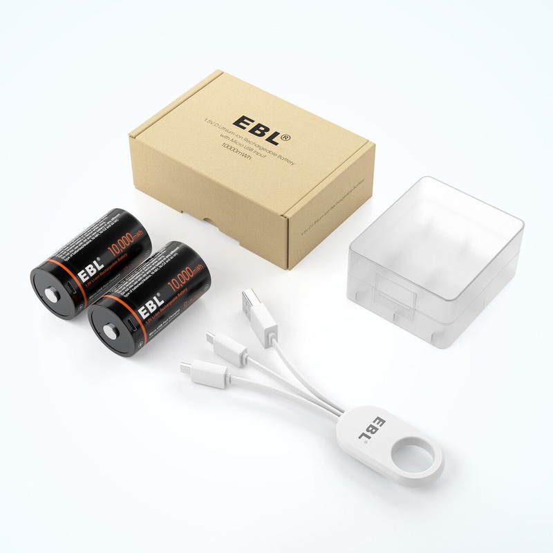 [CLEARANCE] EBL TB-1448 1.5V D Cell 10000mWh High-Performance Rechargeable Li-Ion Lithium Ion Battery with Built-In Micro USB Port for Portable and Emergency Electronics