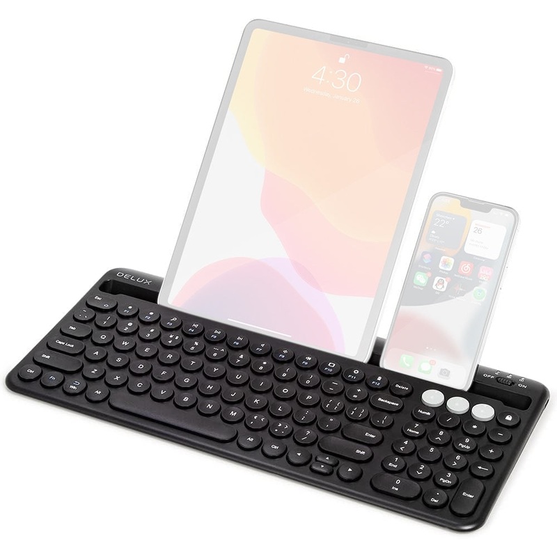 [CLEARANCE] Delux K2212V 2 Zone Universal Wireless Bluetooth Keyboard Rechargeable with Integrated Stand Cradle, 100 Keys, Scissors Keycaps for Windows/ISO/Android