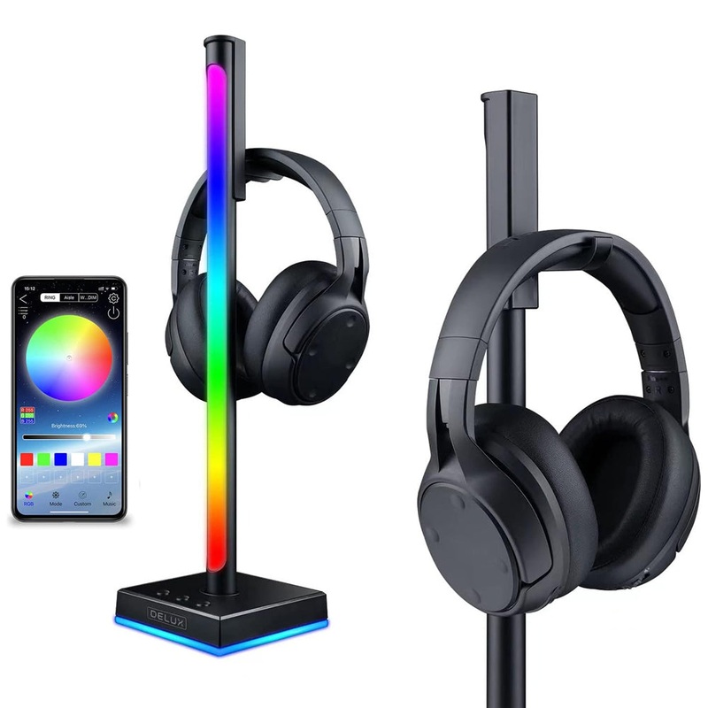 Delux DHS300 2pcs RGB Ambient Light Bars Gamer Headphones Stand Holder Smart Desktop LED with Music Sync, Voice and App Control, USB Type C