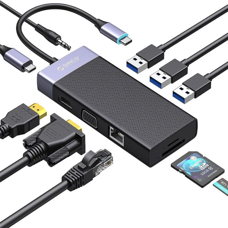 ORICO 10-in-1 USB 3.0 Multifunctional Docking Station with 5Gbps Type C Input, 4K 30Hz UHD, PD 87W, Support Apple M1, 5Gbps USB-A 3.0, 3.5mm AUX, 1080P VGA, SD & TF Card Slot for Windows 8/10, macOS, Linux | MDK-10P