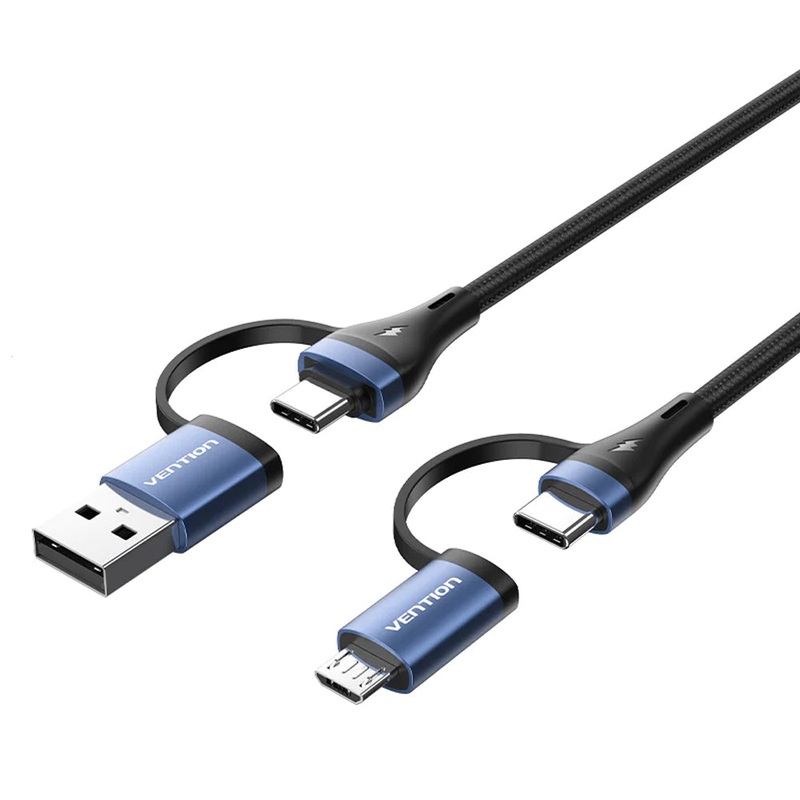 Vention (2m) 4-in-1 USB 2.0 Type-C, Micro USB, USB-A Switchable Fast Charging Data Cable with PD 100W Fast Charging, 480Mbps Transmission Rate, Nylon Braided Jacket for Smartphone, Tablet, Laptop, PC, Electronics & Gadgets