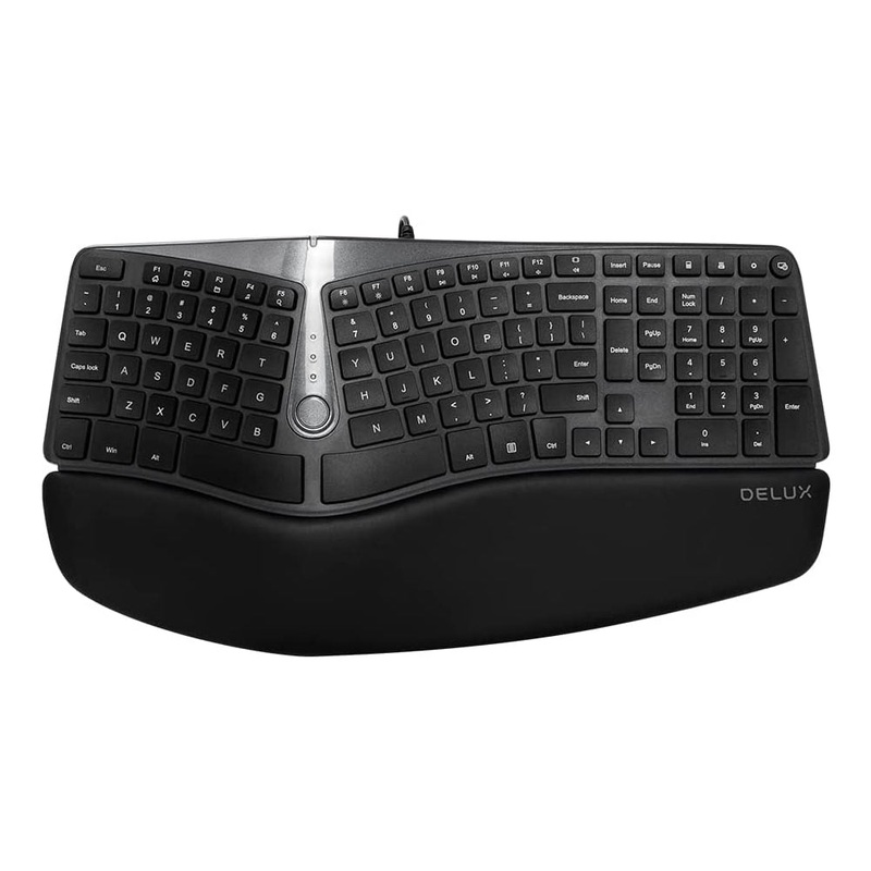 [CLEARANCE] Delux GM901U Wired 107 Keys Ergonomic Split Membrane Keyboard with Built-in Soft Palm Rest, No Backlit, Curved Keyframe, 2 USB Hubs, and 8 million Key Lifetime for Windows and macOS