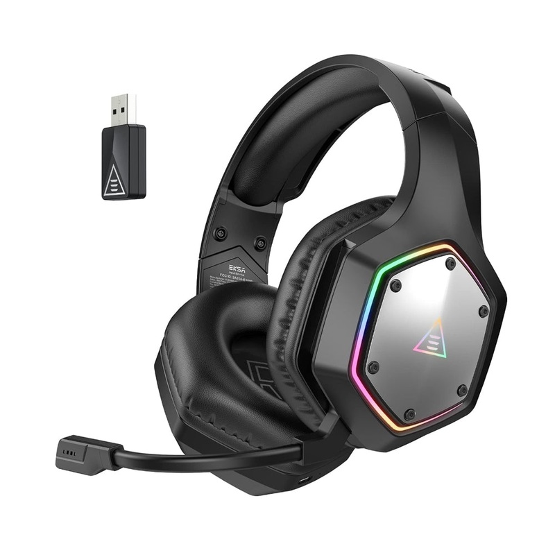 [CLEARANCE] EKSA E1000 WT Wireless Gaming Headset RGB Backlight Over-Ear Headphones w/ ENC Noise Cancelling Microphone, Built-In Controls, USB-A Dongle, 3.5mm Audio Cable, USB-C Charging Cable, 7.1 Surround Sound for PC, Laptop Computer, PS5/PS4, Xbox