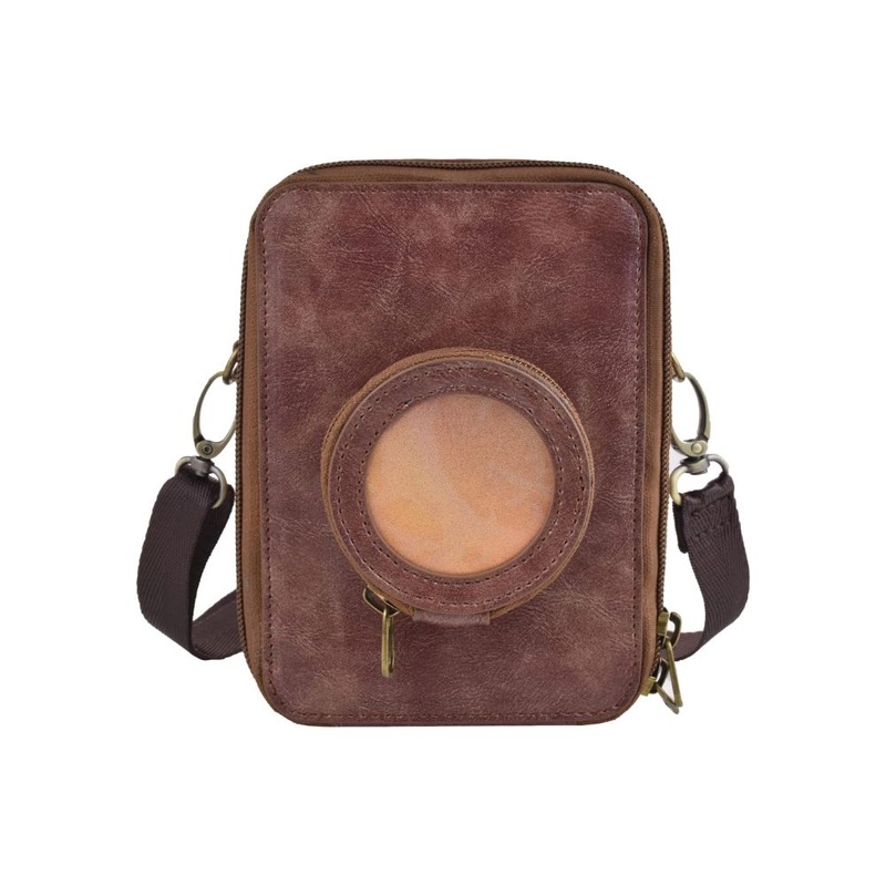 [CLEARANCE] Pikxi BEVO-01 Vintage Style Leather Carrying Bag with Built-In Photo Pocket, Adjustable Shoulder Straps, and Compact Lens Compartment for Instax Mini EVO Cameras – Coffee