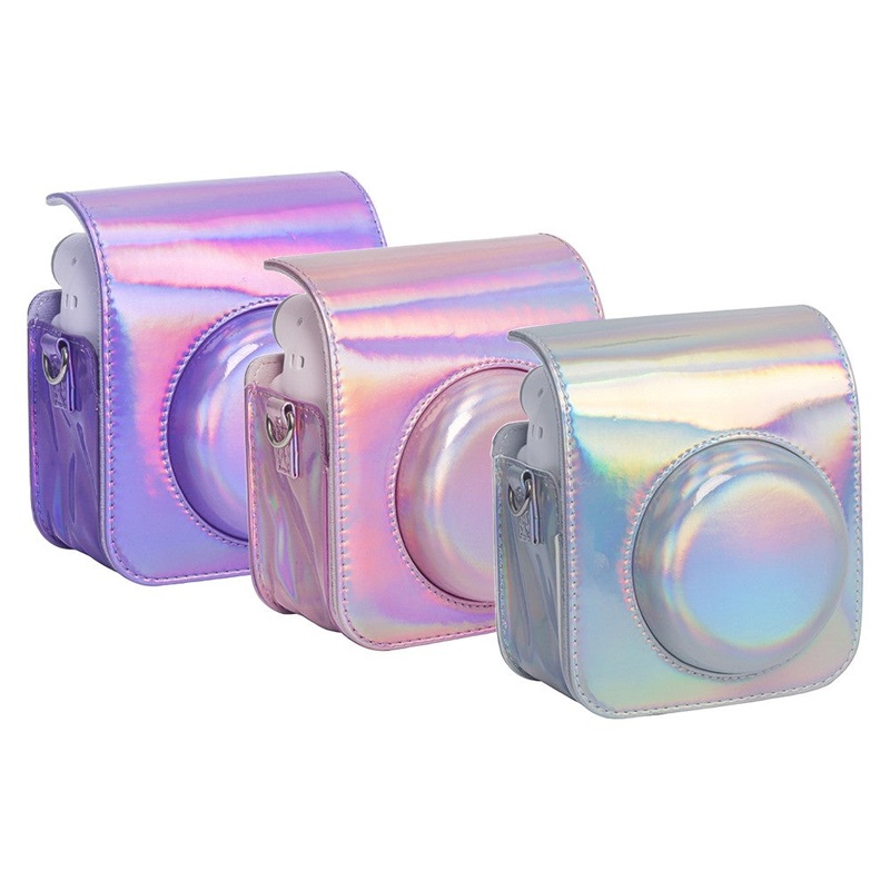 [CLEARANCE] Pikxi BMP12 Iridescent Holographic Style Fujifilm Instax Mini 12 PU Leather Protective Camera Case Bag with Shoulder Strap – Pink