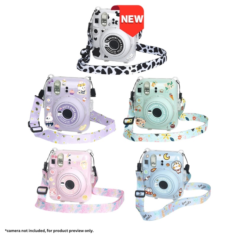 Pikxi 3-in-1 Clear Instant Camera Case for FUJIFILM Instax Mini 12 Film Cameras with Cartoon Patch Sticker Set and Body Strap – Available in Blossom Pink, Pastel Blue, Clay White, Lilac Purple, and Mint Green Color
