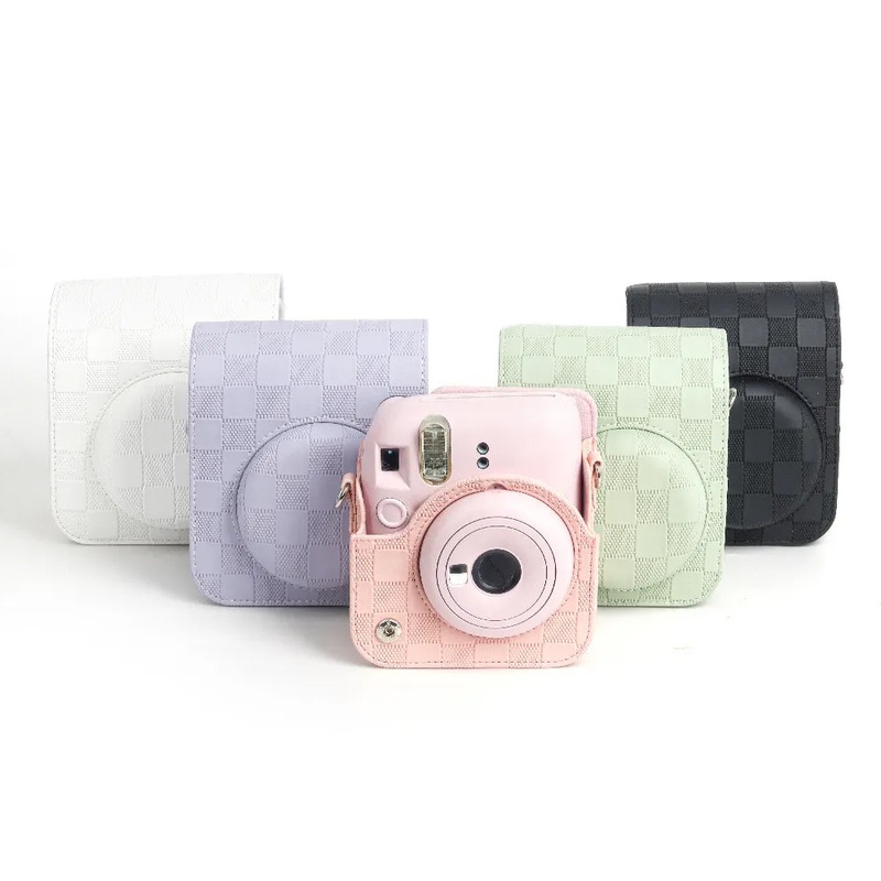 Pikxi BMS12 Fujifilm Instax Mini 12 PU Checkered Style Silicone Rubber Protective Camera Case Bag with Shoulder Strap – Clay White