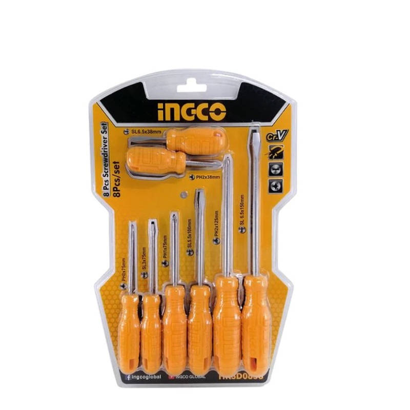 [CLEARANCE] INGCO 8pcs Screwdriver Set 4pcs Flat, 4pcs Philips Screwdriver Round Blade Cr-V Material | HKSD0858