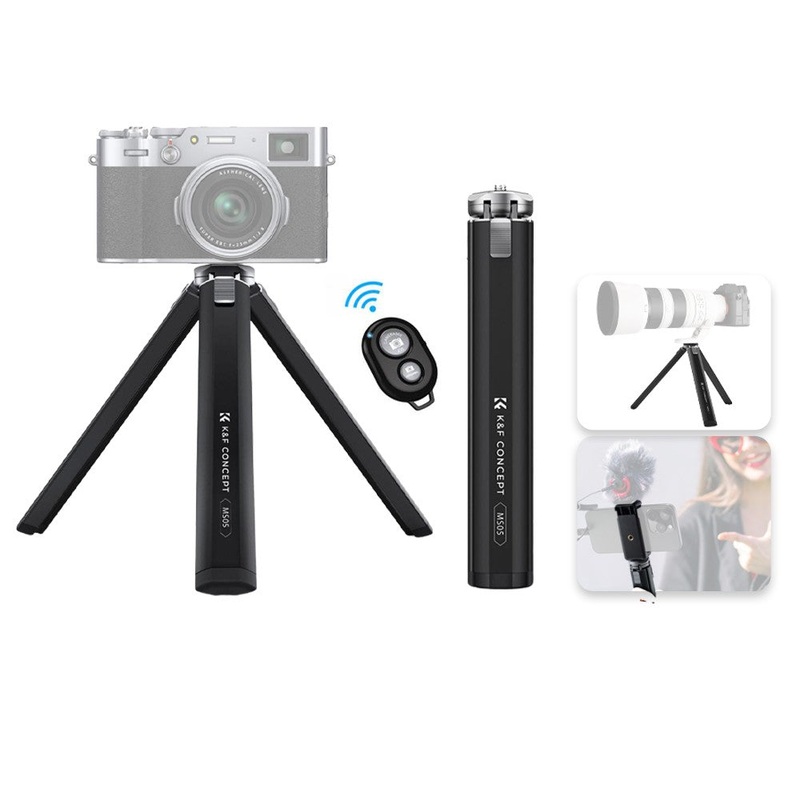 [CLEARANCE] K&F Concept MS05 8 2-Stop Adjustable Compact Tripod Grip with Mobile Phone Clip Holder, Bluetooth Remote Control, 1/4 Attachment Thread for Digital Camera, Smartphones, Video Fill Light, Camcorder, Gimbal Stabilizer, GoPro, Insta360, DJI