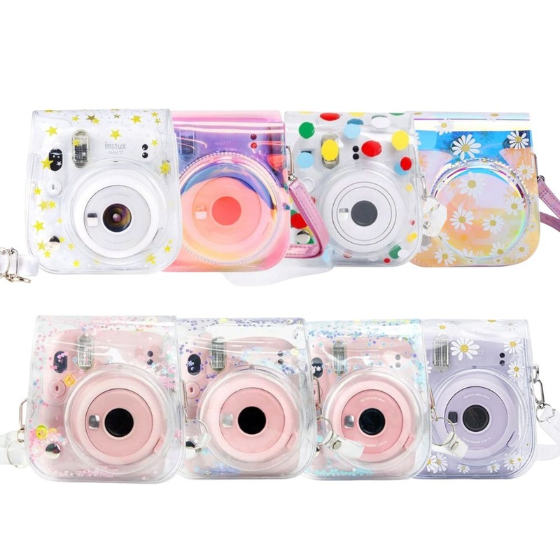 [CLEARANCE] Pikxi Cute Clear Transparent Case with Sling Type Bag Strap FUJIFILM Instax Mini 12 Instant Film Camera – Iridescent Daisy