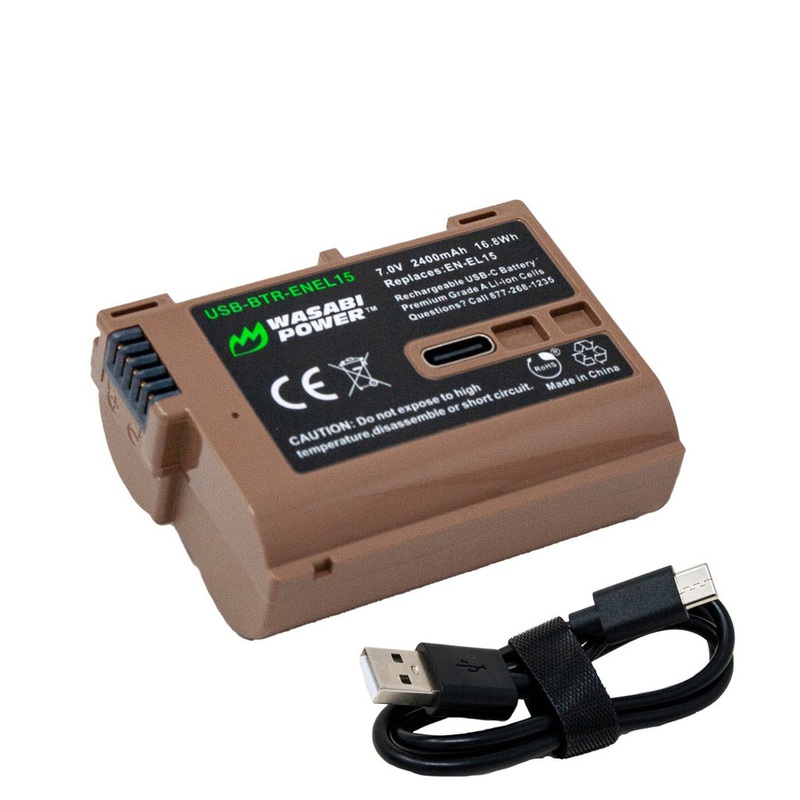 [CLEARANCE] Wasabi Power EN-EL15 Type 7.2V 2400mAh Lithium-Ion Battery ENEL15, EN-EL15a, EN-EL15b, EN-EL15c with Direct USB Type-C Fast Charging Port for Nikon DSLR 1 V1, D500 D600 D750 D800E D7000 and Z5 Z6 Z6II Z7 Z7II Z8 Mirrorless Camera