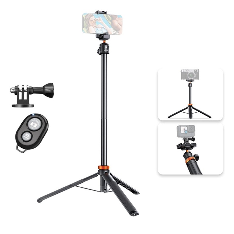 K&F Concept MS04 62 Retractable Selfie Stick Tripod with Built-In Mobile Phone Clip Holder, Action Camera Mount Adapter, Bluetooth Remote Control for Smartphones, Digital Camera, Video Fill Light, Camcorder, GoPro Hero, Insta360, DJI Osmo