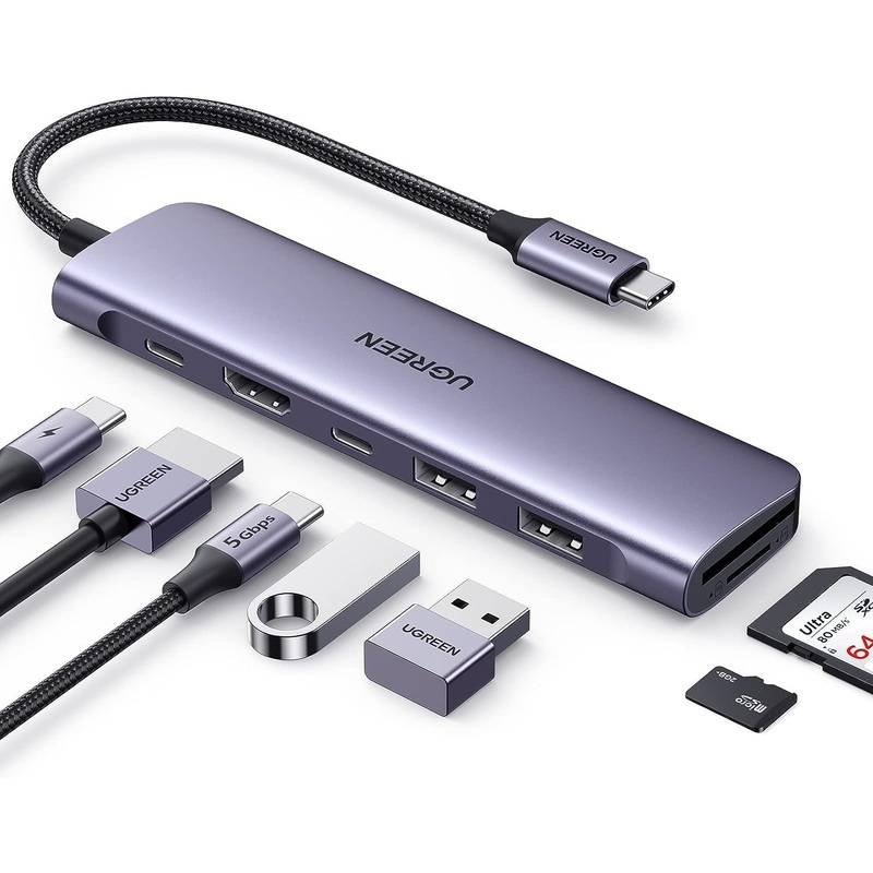 UGREEN 7-in-1 Multifunction Adapter USB C 100W PD Hub with 4K/30Hz HDMI, 5Gbps USB C / USB A / USB 3.0 High Speed Data Transmission Ports, SD/TF Card Reading Slots for Smartphone, Laptop, iPad, Switch w/ Windows/macOS/Linux System | 15214