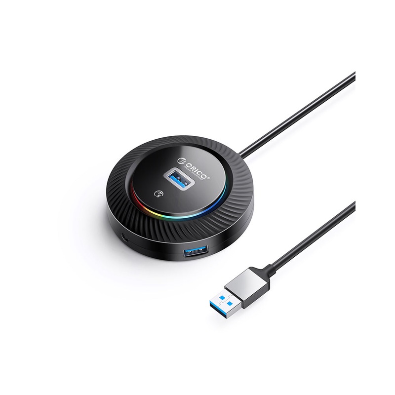 [CLEARANCE] ORICO 1.8 Meter 4 Port USB-A RGB Hub with 5Gbps USB A 3.0 and Audio AUX 3.5mm Jack Port for Windows, Mac OS, Linux | YKR4-U3 – Black