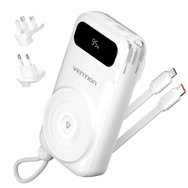 Vention 10000mAh Power Bank 15W Magnetic Wireless Charging Built-in USB-C and iPh Cable includes EU/US/UK AC Convertible Adapters with Airline-Approved for Travel