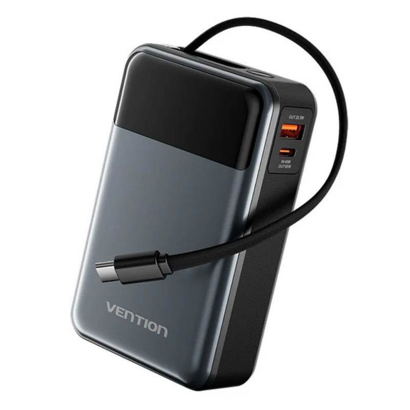 Vention 20000mAh 65W Fast Charging Power Bank with Built-in Cable, Lanyard Design, LED Digital Battery Display and Up to 3 Devicess