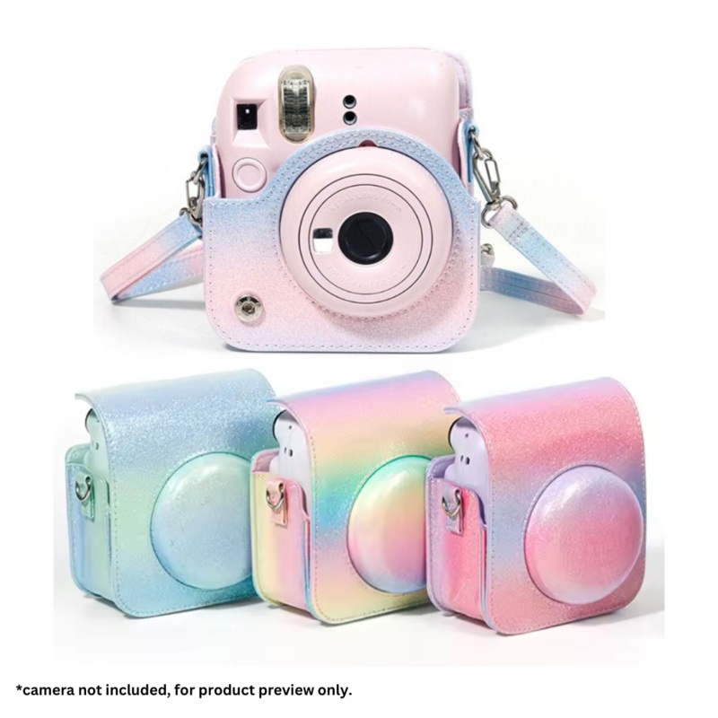 Pikxi Glitter Gradient Style Protective Leather Case Bag for FUJIFILM Instax Mini 12 Instant Film Camera with Body Strap – Available in Blue-Pink, Blue-Green, Pink-Purple and Rainbow Colors