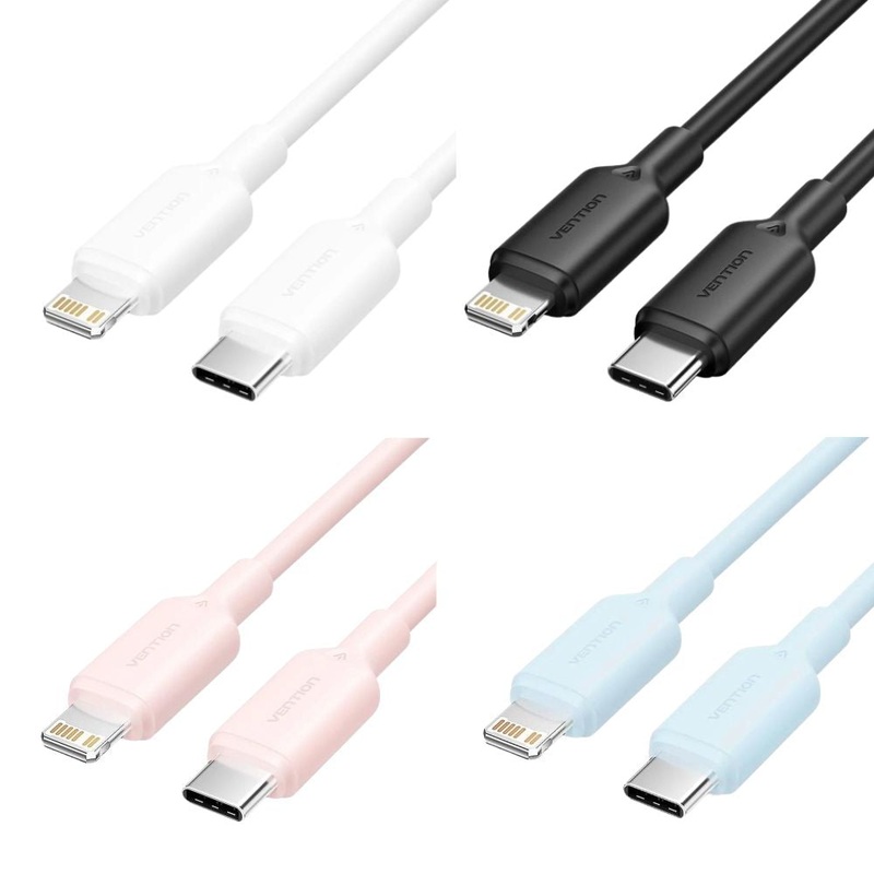 Vention 1M / 2M 27W USB 2.0 Type-C Male to Lightning Male PD Fast Charging Data 3A Cable with High-Speed 480Mbps Transfer Speed for iPhone, iPad, iPod Touch – Black, White, Pink, Blue