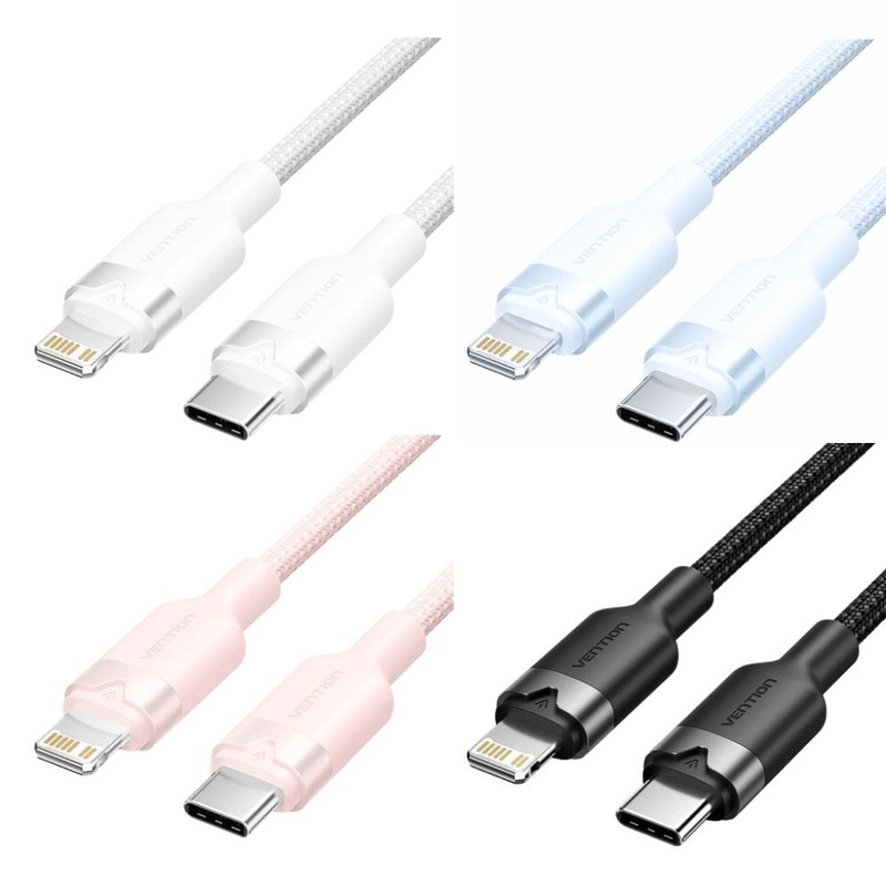 Vention 1M / 2M 27W USB 2.0 Type-C Male to Lightning Male PD Fast Charging Data 3A Cable with High-Speed 480Mbps Transfer Speed, Nylon-Coated for iPhone, iPad, iPod Touch – Black, White, Pink, Blue