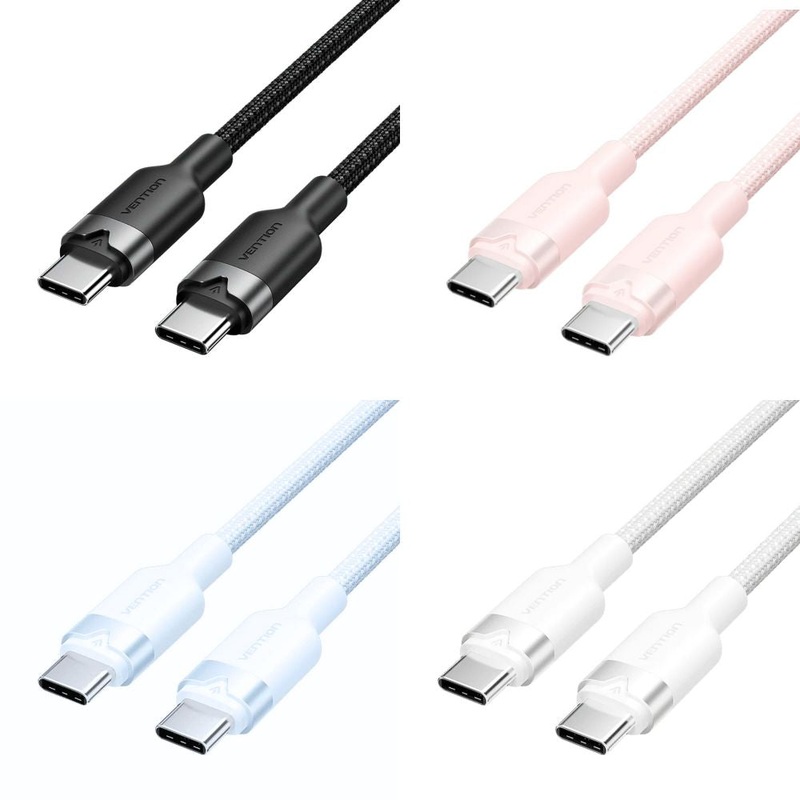 Vention 1M / 2M 60W USB 2.0 Type-C Male to Type-C Male PD Fast Charging Data 3A Cable with High-Speed 480Mbps Transfer Speed, Nylon-Coated for Smartphone, Tablet, Laptop, Gaming Console – Black / Pink / Blue / White