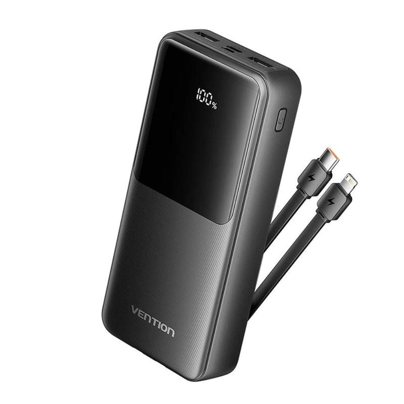 Vention 20000mAh 22.5W/PD 20W Fast Charge Power Bank with Built-In Type C & Lightning Charging Cable, 3-Port Output, Smart LED Digital Display for iPhone, iPad, Airpods, Android Smartphone, Tablet, Camera – White, Black
