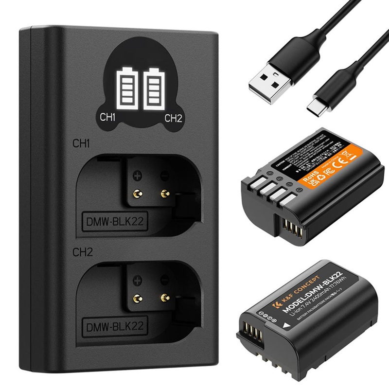 K&F Concept (2-PC) DMW-BLK22 Battery & Charger Kit – 2400mAh Batteries & Dual Charging Dock with Micro-USB/Type-C Input for Panasonic Lumix DC-G9 II, DC-S9, DC-S5 II, DC-S5 IIX, DC-S5K, DC-S5GK, GH5II, GH5M2, GH6 Cameras | DMWBLK22