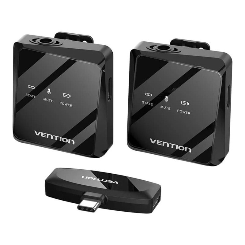 Vention 2TX+1RX Wireless Microphone with 2-Person Clip-On Mic Transmitter and USB Type-C Receiver – 26 Hours of Battery Life, Noise Cancellation, 20ms Low Latency, and Plug & Play for Android Smartphones & iPhone 15 Series