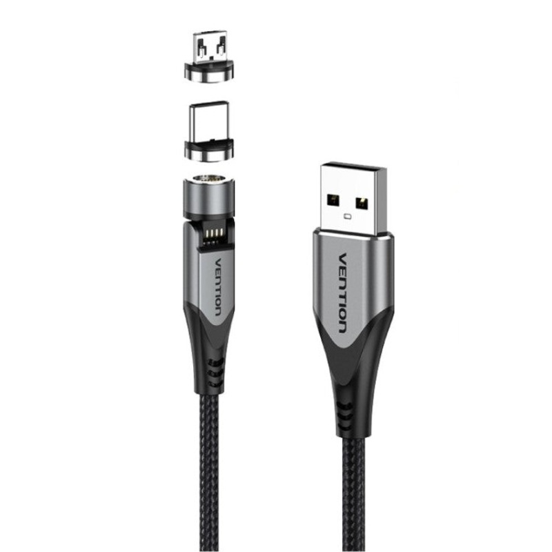 Vention 2 in 1 Magnetic USB 2.0 to Type C and Micro USB Cable 3A 540 Degree Rotating Fast Charging Cord (0.5M, 1M, 1.5M, 2M) | CQXH