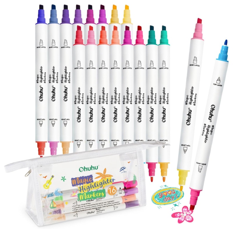 Ohuhu Water Based 32 Colors 16 Dual Tip Fine and Chisel Art Marker Highlighter Colored Pens for Illustrations, Drawing, Coloring, Stationery, Arts & Crafts | Y30-80601-40