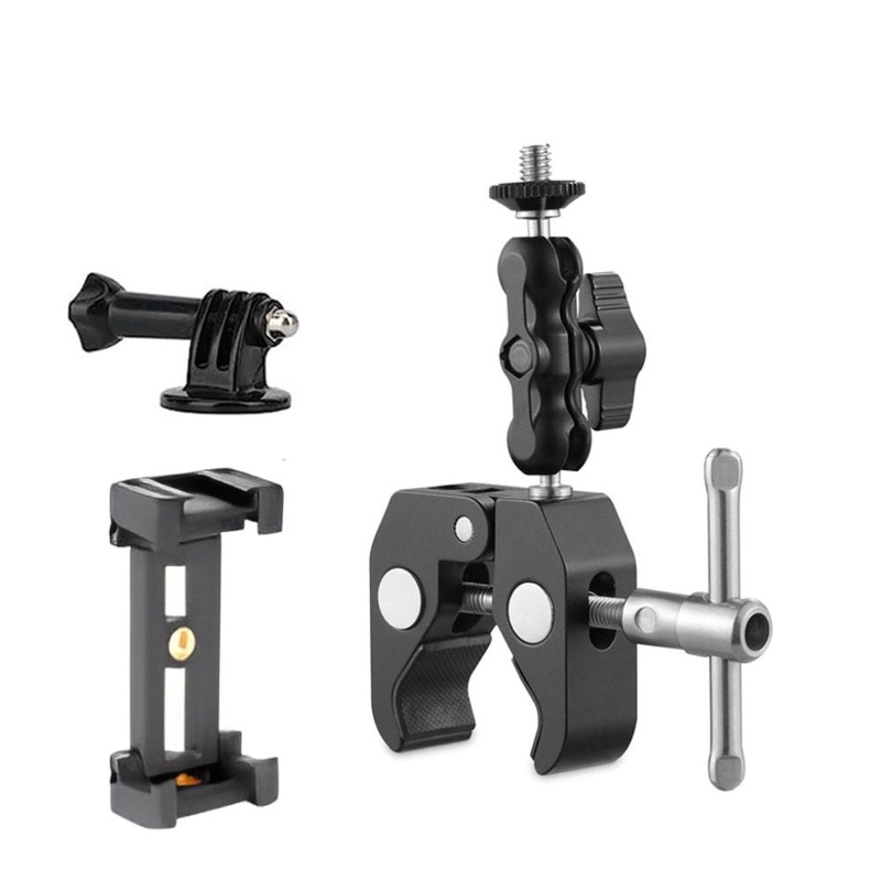 Pxel Aluminum Alloy Crab Claw C-Clamp and Magic Arm Kit Set with 360 Ball Head 1/4-20 Threaded Cold Shoe, Rubber Pads, 1kg / 2.2lb Max Load Capacity and Max 2.2 Clamp Opening for Camera Accessories